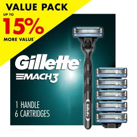 Gillette Mach3 Men's Razor Value Pack, Blue, 1 Handle & 6 Razor Blade Refills